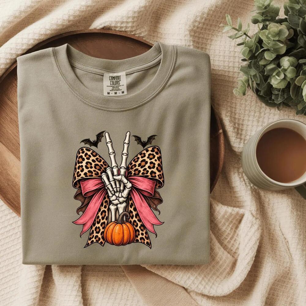 , Coquette Skeleton Halloween Shirt, Leopard Bow Peace Sign Tee